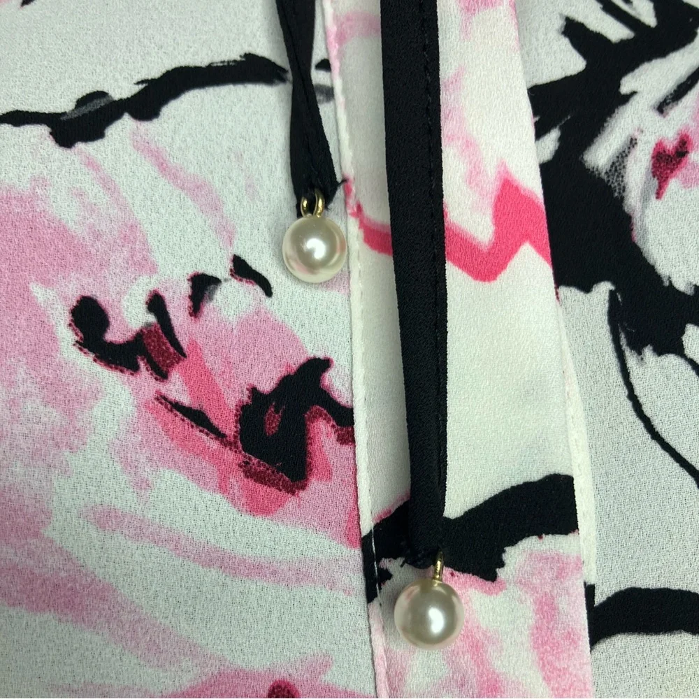 Karl Lagerfeld Pink and Black Floral Cold Shoulder Pearl Tie Accent Top